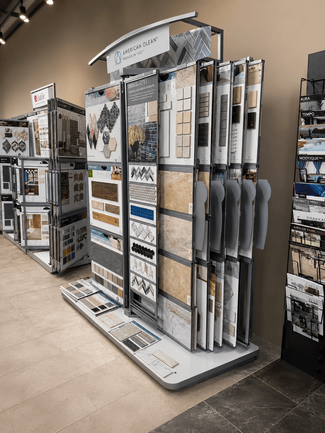 Jaynes Flooring showroom display with tile and flooring samples