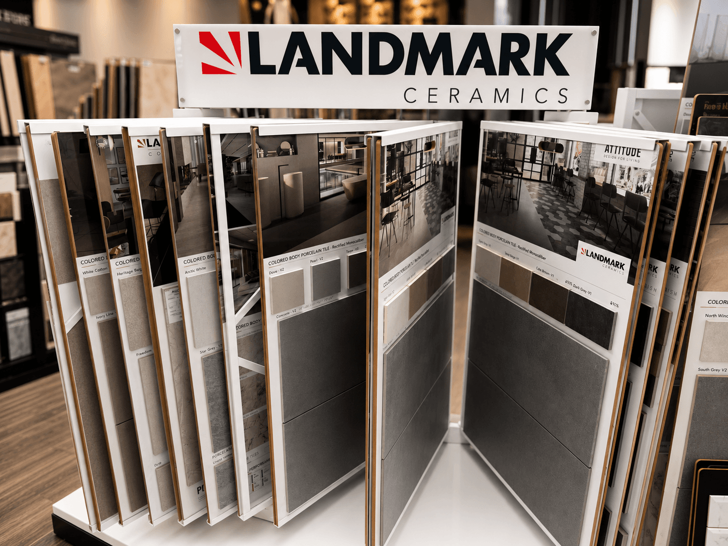 Landmark Ceramics tile sample display in the Jaynes Flooring showroom