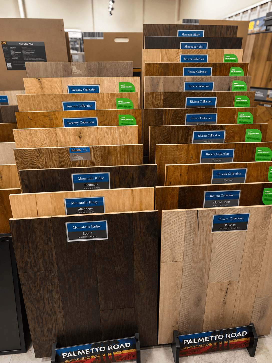 Hardwood flooring sample racks in the showroom