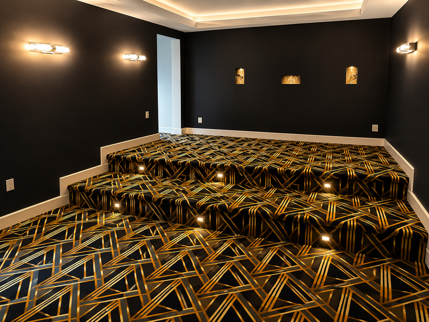 Patterned carpet installation in a finished room with dark walls