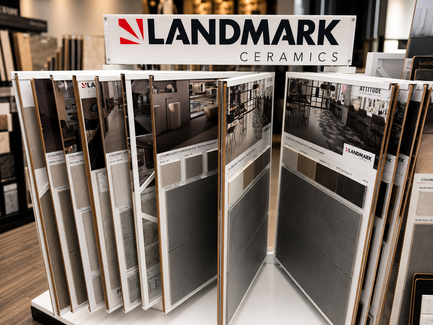 Tile sample displays in the Jaynes Flooring showroom