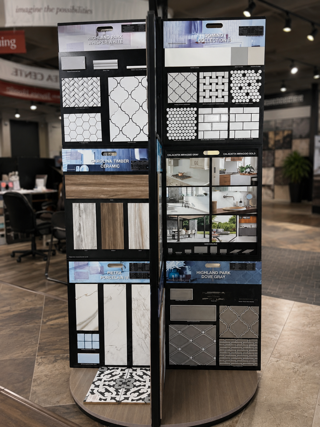 Flooring and tile display board with room finish samples