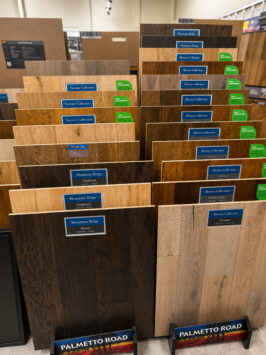 Wood-look flooring finish samples in the Jaynes Flooring showroom