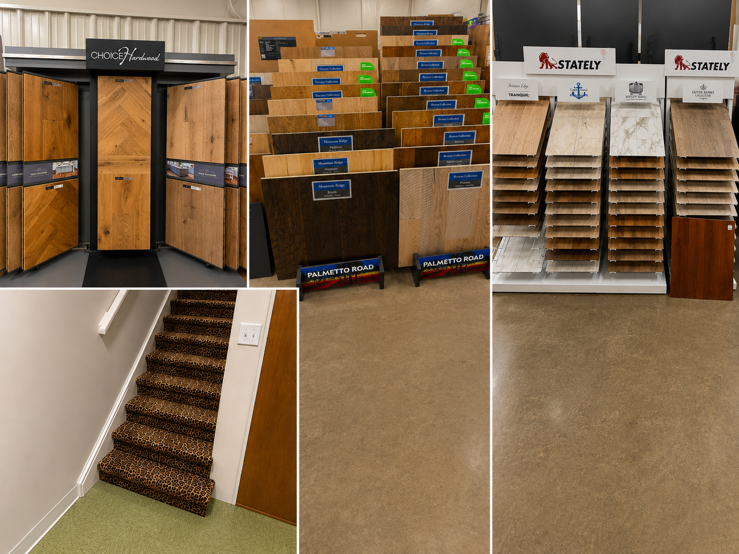 Showroom display area with carpet and hardwood samples